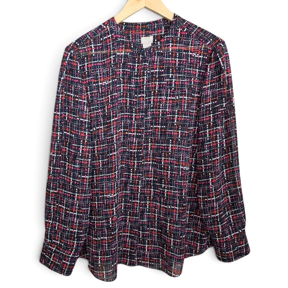 Chicos Top Womens 2 US Large Blue Sheer Printed Button Up Blouse Long Sleeve